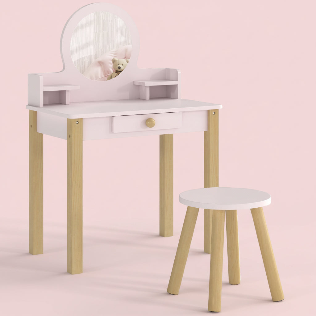 COIFFEUSE AVEC MIROIR ET TABOURET| ROSE
