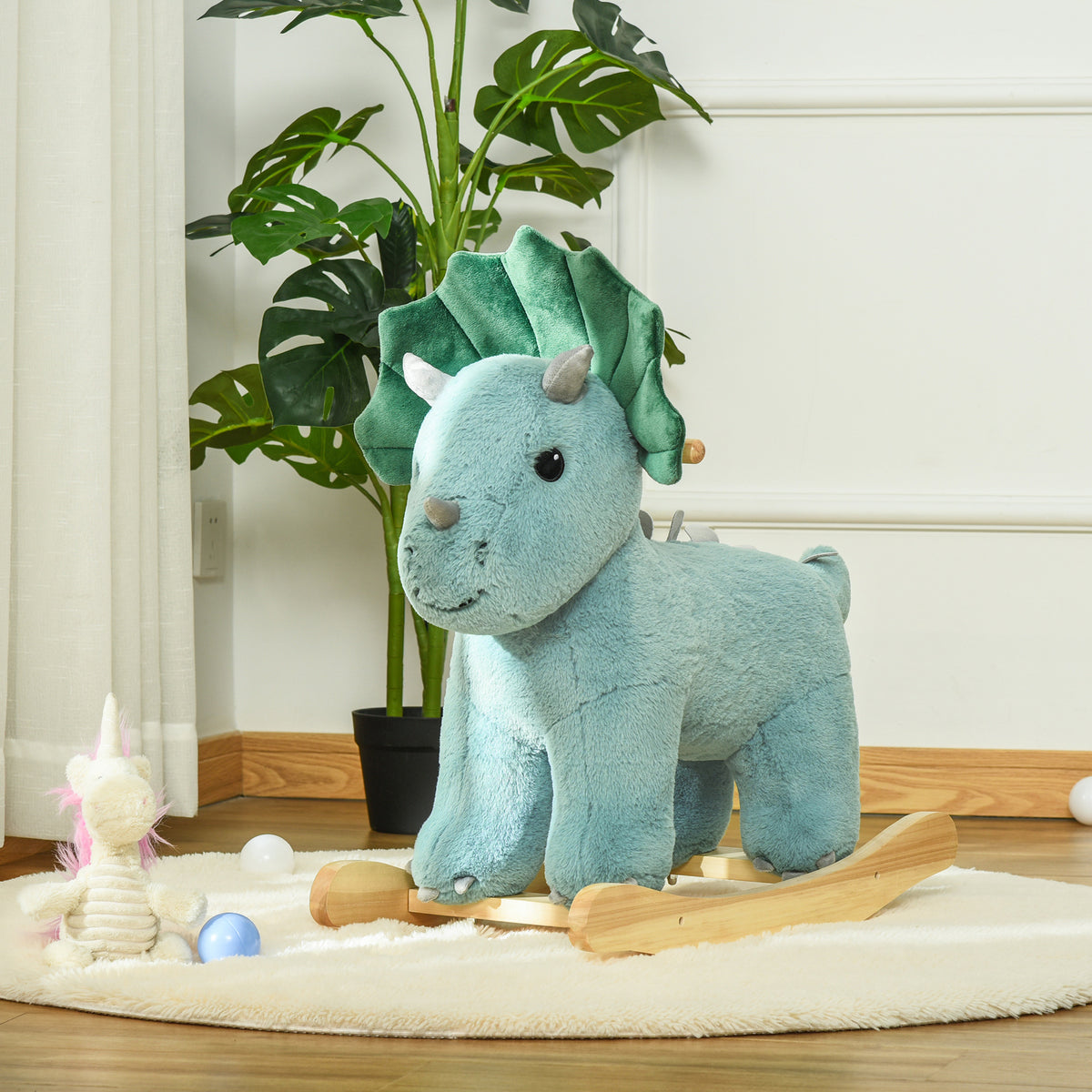 Jouet à Bascule Dinosaure Effet sonore Rugissement Bois peuplier Peluche Courte Polyester Vert d'eau-1