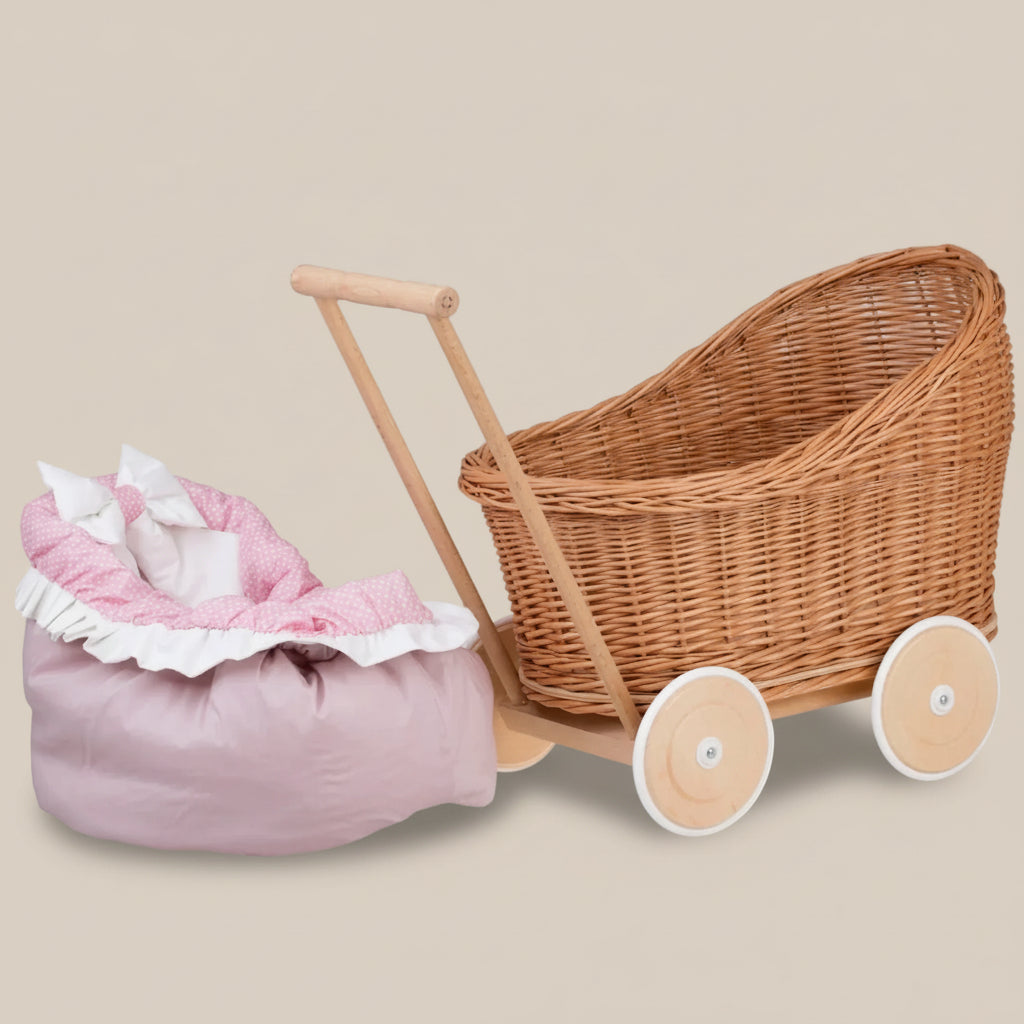 Luna wicker doll stroller 1330 with pink trim, blanket, and pillow