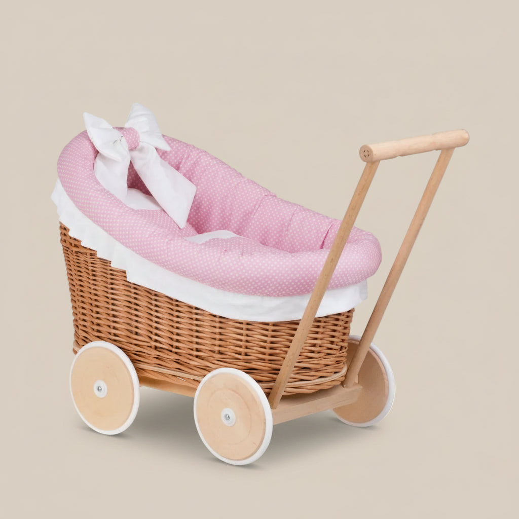Luna wicker doll stroller 1330 with pink trim, blanket, and pillow