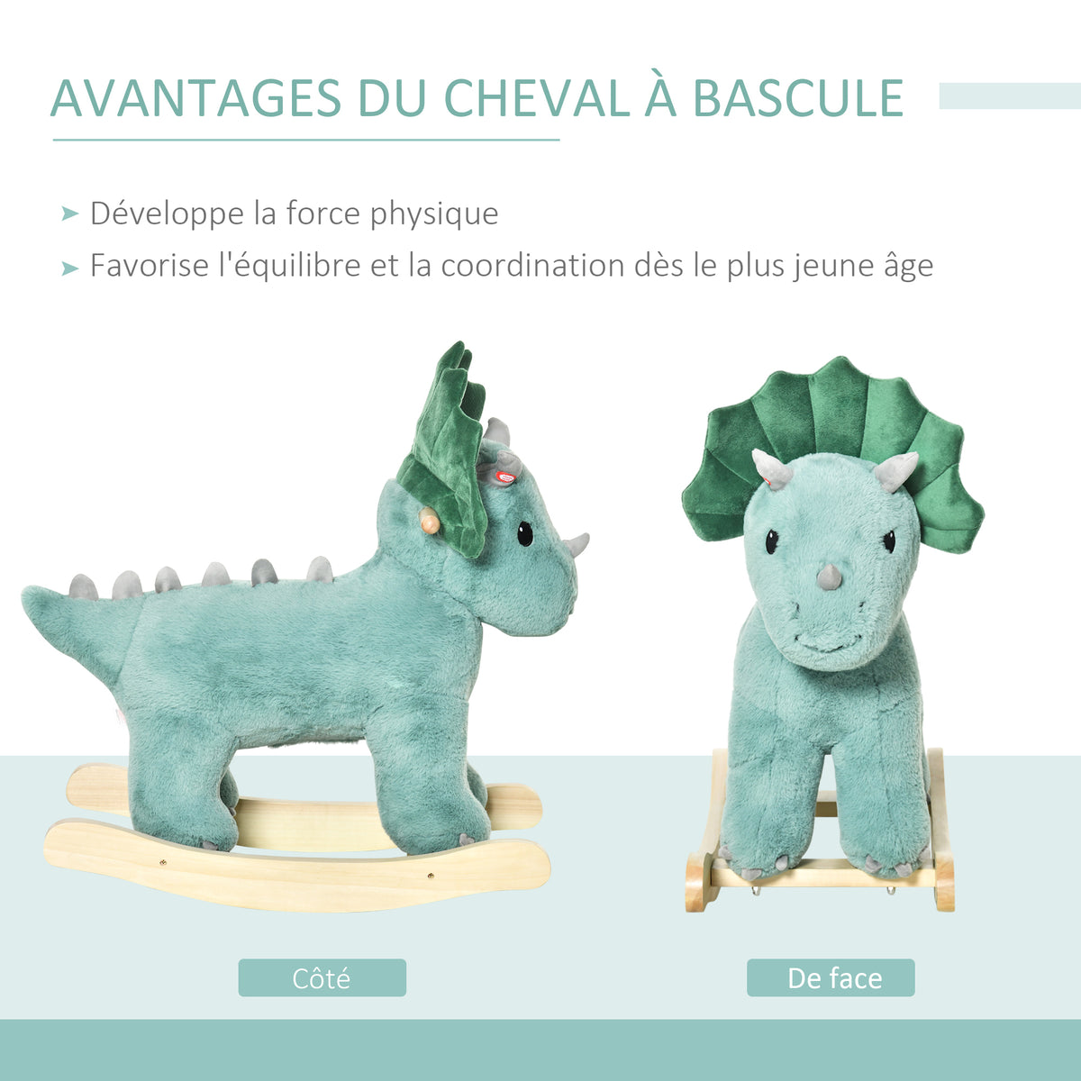 Jouet à Bascule Dinosaure Effet sonore Rugissement Bois peuplier Peluche Courte Polyester Vert d'eau-4