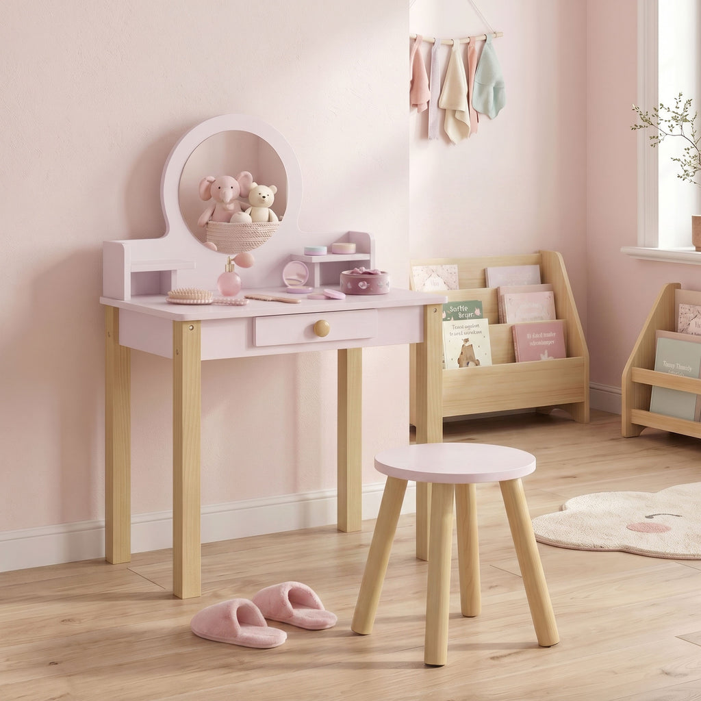 COIFFEUSE AVEC MIROIR ET TABOURET| ROSE
