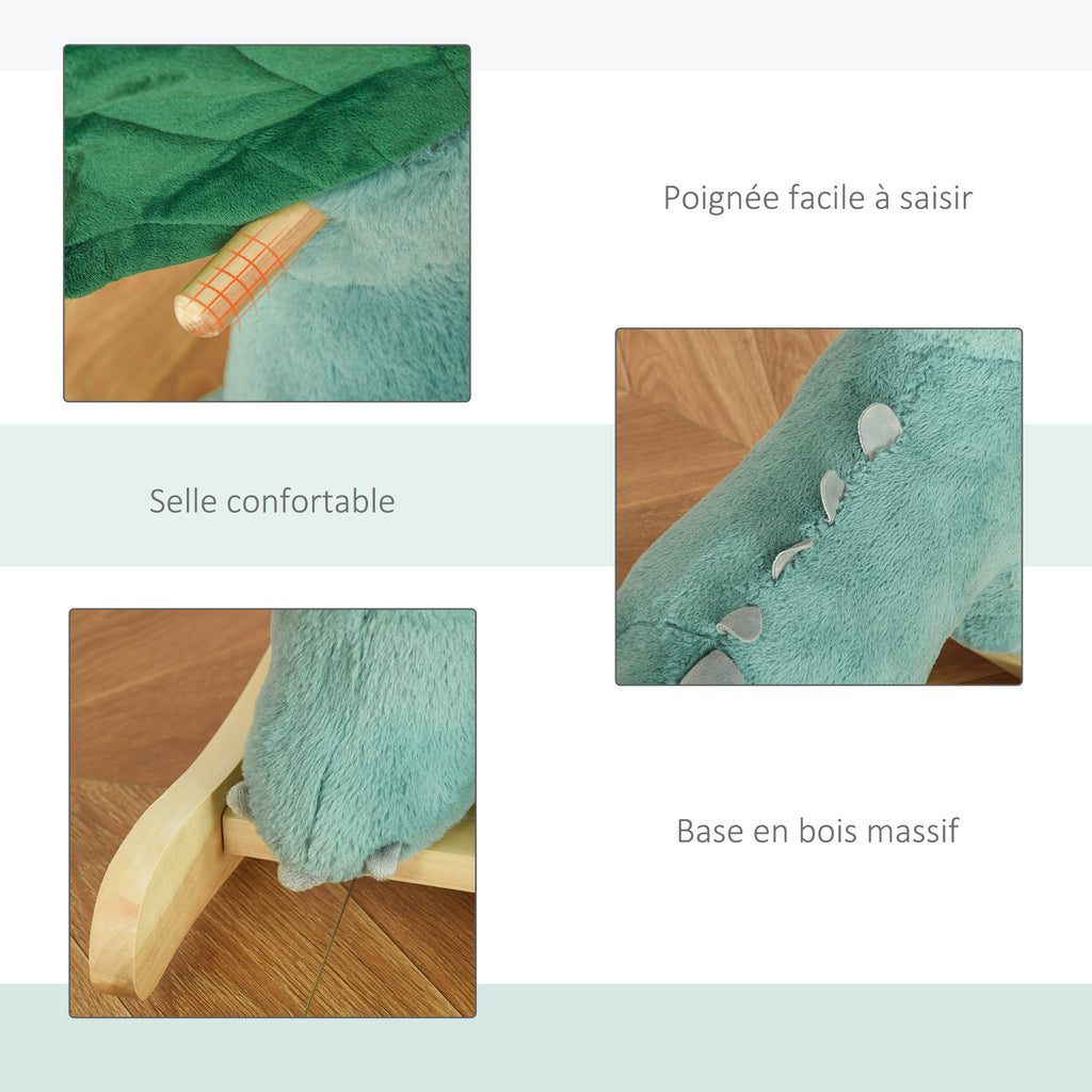 Jouet à Bascule Dinosaure Effet sonore Rugissement Bois peuplier Peluche Courte Polyester Vert d'eau-5